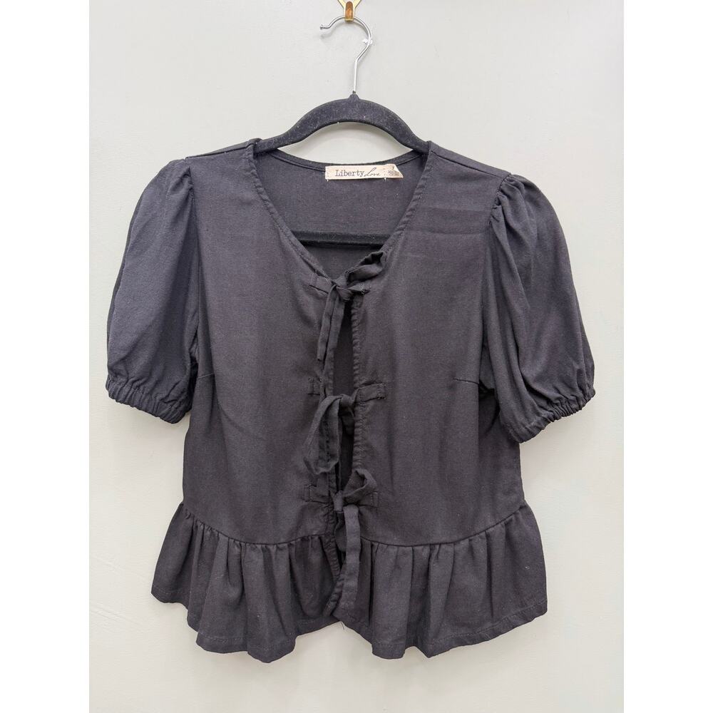 Liberty Love Black Linen Blend Tie Front Peplum Puff Sleeve Top XS - Picture 2 of 5